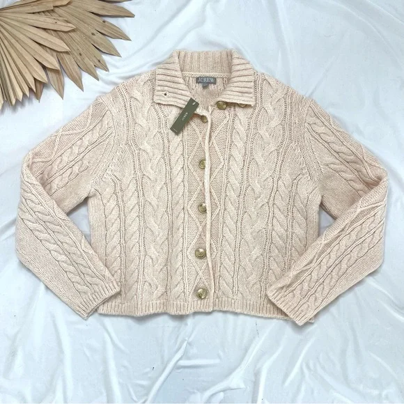 J. Crew Cable Knit Cream Button Front Turtleneck Fold Collar Cardigan Sweater - Picture 2 of 6